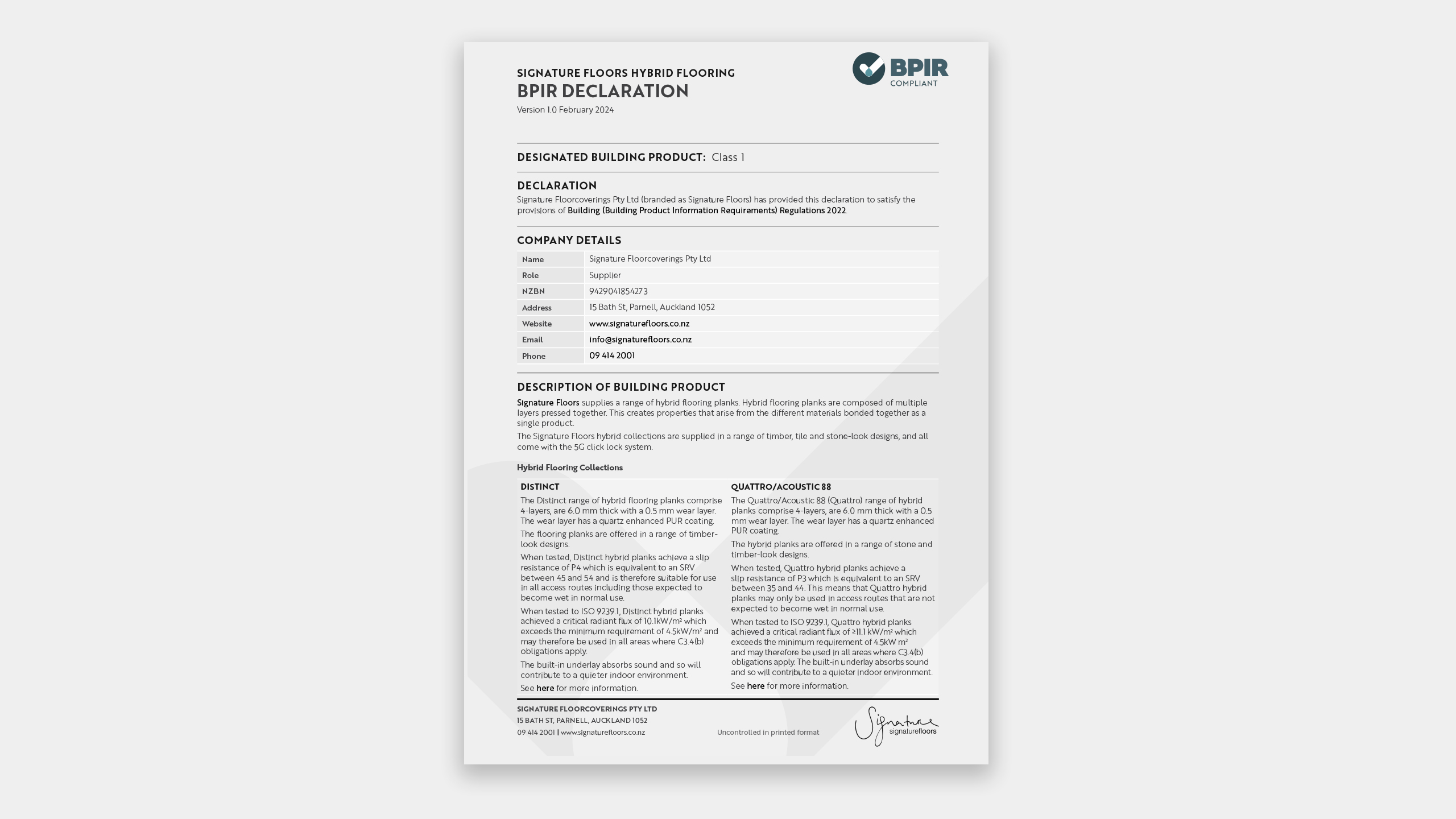 Hybrid Flooring BPIR Declaration