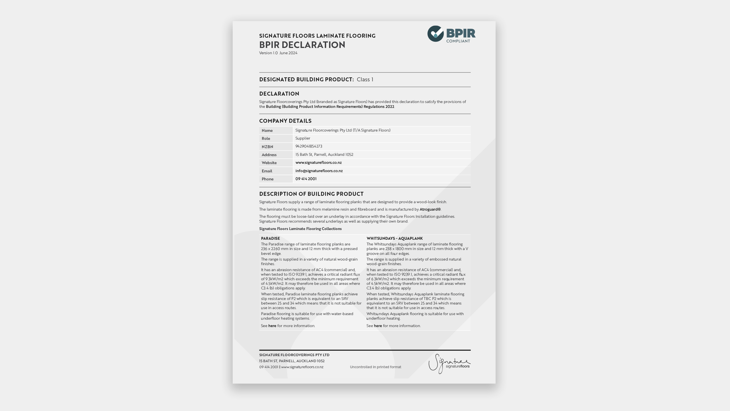 Laminate Flooring BPIR Declaration