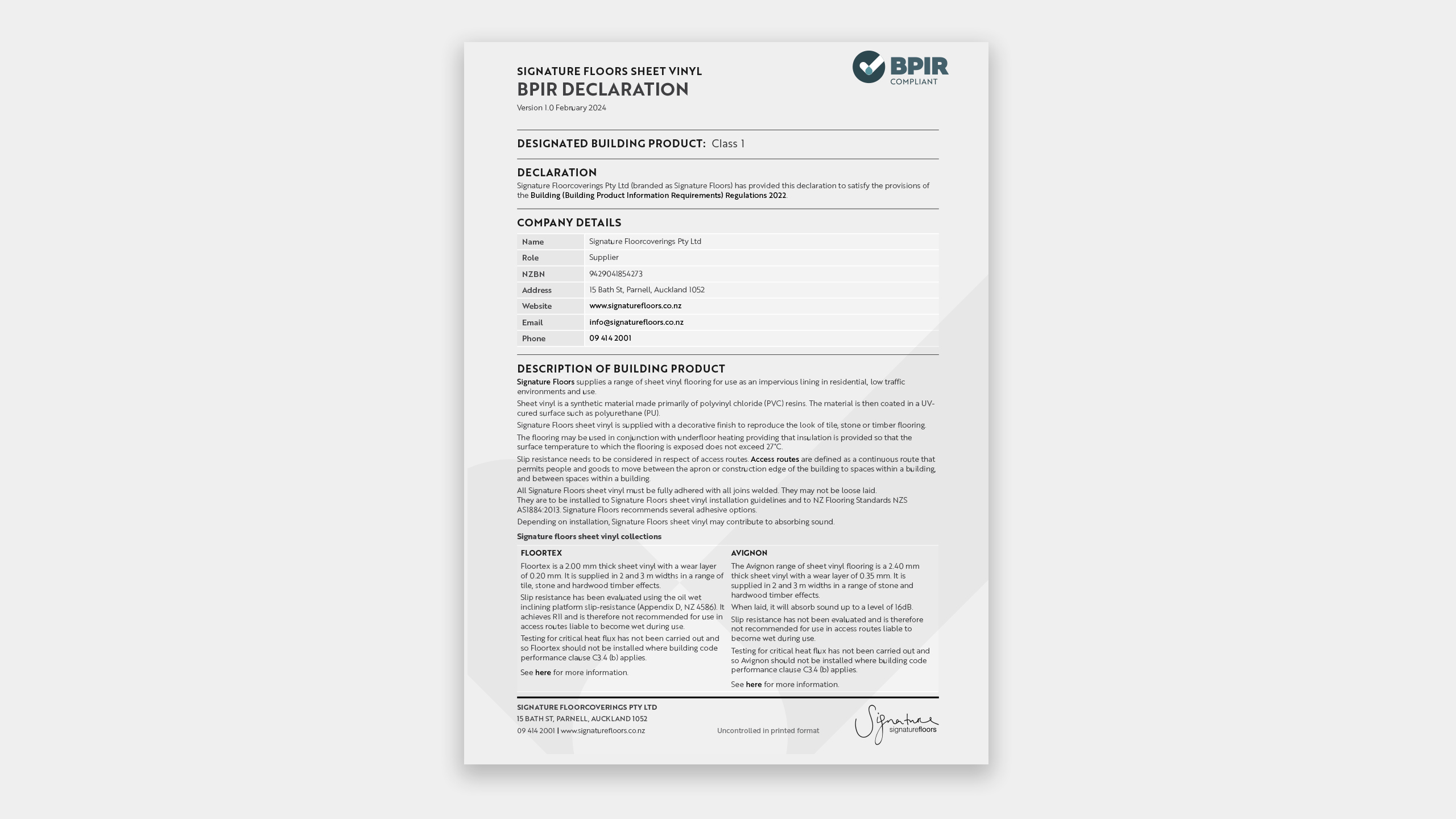 Sheet Vinyl BPIR Declaration